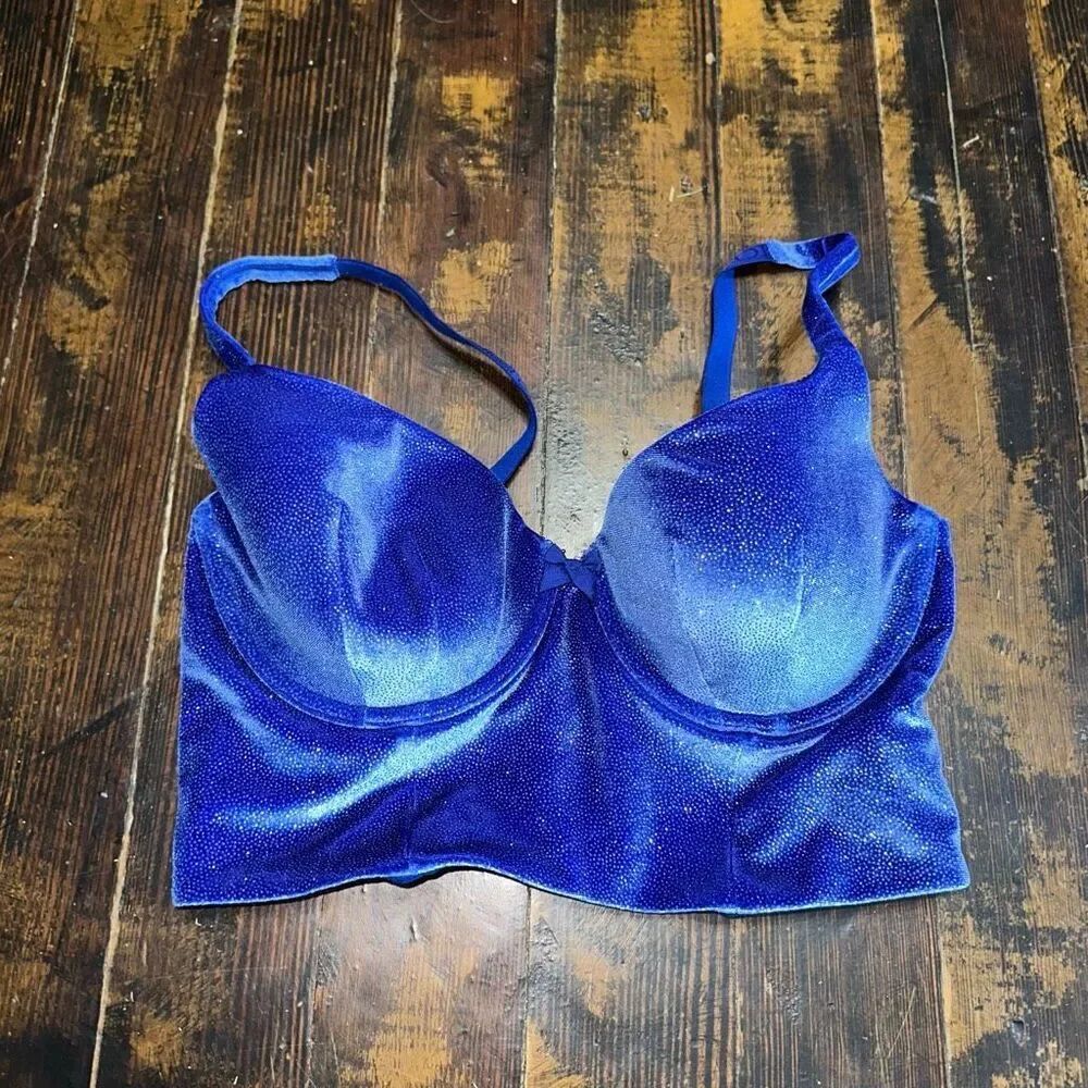 Victoria’s Secret blue shimmery velvet lined Demi bustier 34D bra